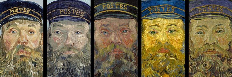 Composite details of five paintings from The Postman series